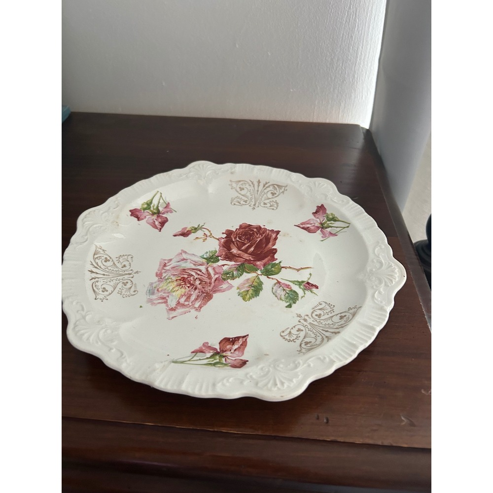 Vintage Sevres Porcelain Floral Plate Red Pink Rose Gold Filigree Scalloped 11in